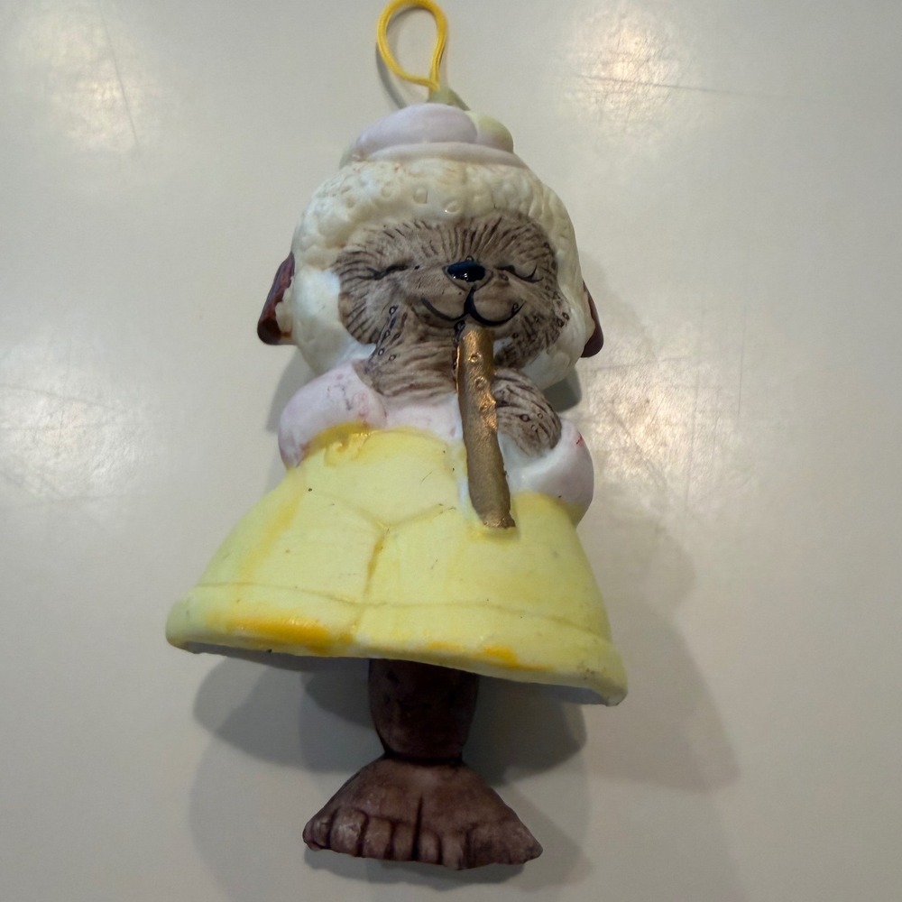 Vintage JASCO Handcrafted Porcelain Lamb Bell Ornament Yellow Dress Flute Taiwan